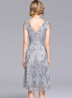 Grey Gauze Embroidery A Line Dress